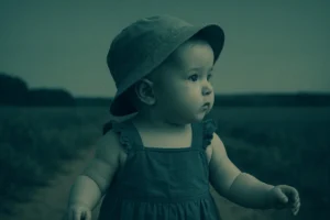 Kleines Kind mit Sonnenhut blickt neugierig zur Seite, im Freien auf einem Feldweg – stimmungsvolles Porträt in gedämpften Farben.