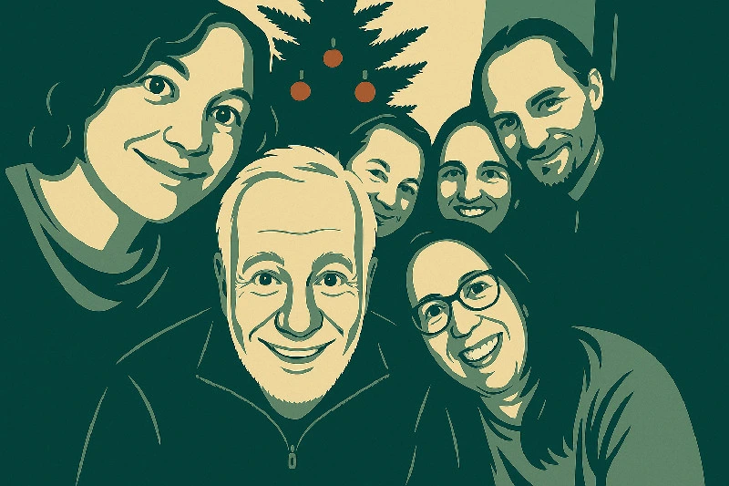Monochrome Vektor-Illustration einer fröhlichen Familie vor einem geschmückten Weihnachtsbaum, ausgeführt in Dunkelblau, Beigetönen und Akzenten.