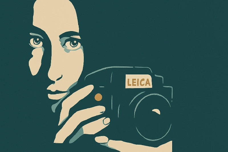Grafische Illustration in begrenzter Farbpalette zeigt eine stilisierte Frau im Profil, die eine klassische Leica-Kamera zum Auge führt, mit intensivem Blick und klaren, flächigen Formen