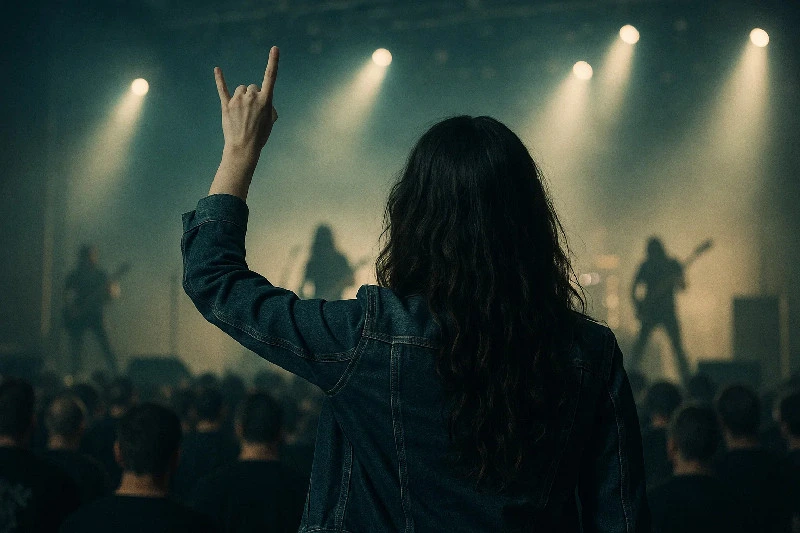 Person von hinten in Jeansjacke auf einem Konzert, die rechte Hand mit dem Rock-Horn-Griff zum Bühnenlicht gereckt, während im Dunst die Band im Hintergrund spielt