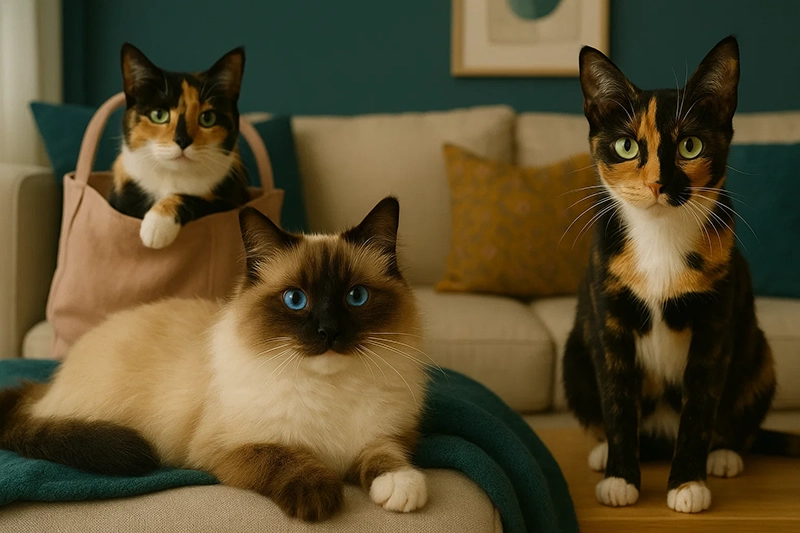 Drei neugierige Hauskatzen auf einem Sofa: eine blauäugige Ragdoll im Vordergrund, dahinter zwei getigerte tricolor Glückskatzen, eine sitzt in einer Tasche, im Hintergrund ein gemütliches Wohnzimmer.