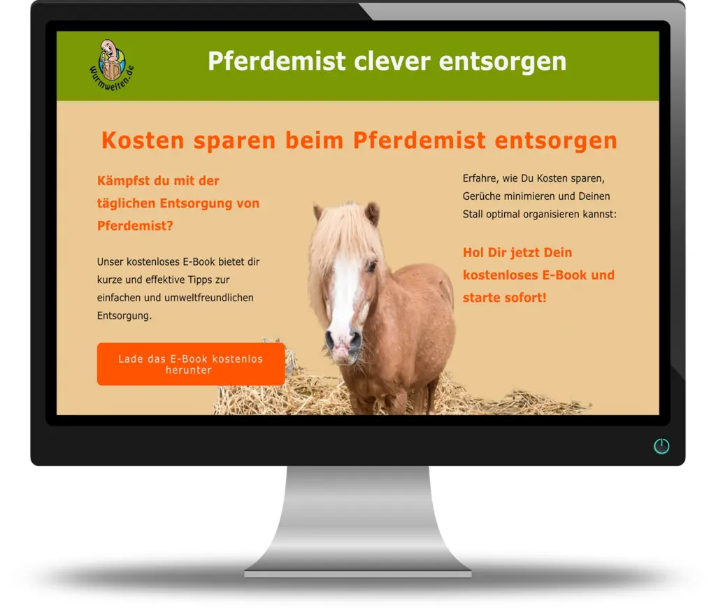 Desktop-Monitor mit der Landingpage „Pferdemist clever entsorgen“ inklusive Headline, Pony-Motiv und Button zum kostenlosen E-Book-Download.