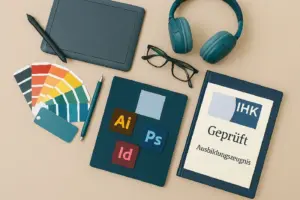 Flachlage mit Grafik-Tablet und Stift, Farbpalette, Bleistift und Brille. Daneben zwei Notizbücher: eines mit Adobe Illustrator-, Photoshop- und InDesign-Logos, das andere mit der Aufschrift ‘IHK Geprüft Ausbildungszeugnis’. Oben liegen türkisfarbene Kopfhörer.