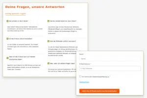 FAQ-Kacheln neben Anmeldeformular mit klarer Einwilligung.