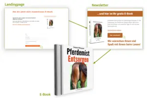 Visualisierte Strecke mit Landingpage, Newsletter und E-Book, verbunden durch Pfeile.