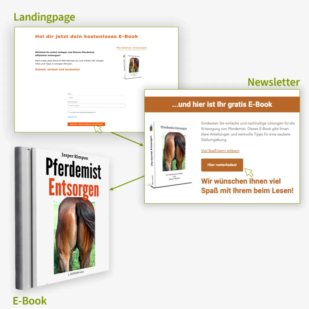 Workflow: Eintrag auf der Landingpage, Newsletter erhalten und das kostenlose E-Book »Pferdemist Entsorgen« herunterladen.