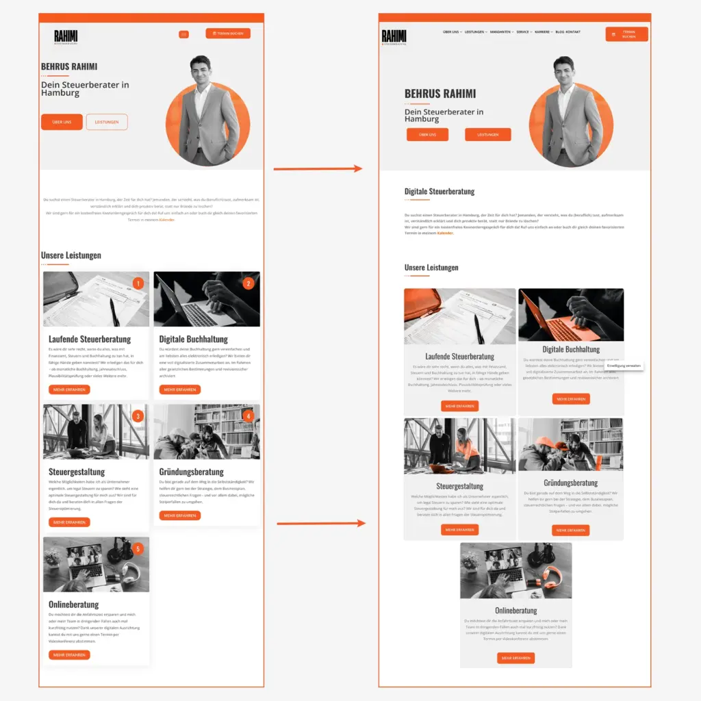 Detailvergleich der Startseite: optimierte Bildsprache, Kontraste und CTA-Platzierung.