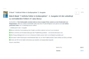 Produktseite mit E-Book-Beschreibung, Nutzenliste und Preis im Checkout.