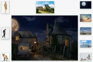 Übersicht mit Einzelmotiven für ein Nacht-Composing: Personen, Gebäude, Mond, Himmel, Wohnwagen, Tiere.