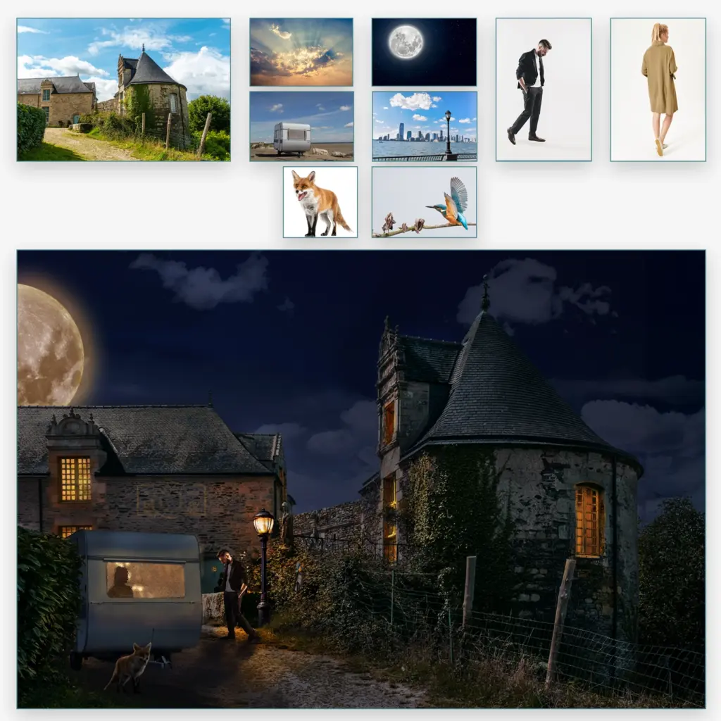 Tafel mit Quellenfotos oben und großem Composing unten: Nachtstimmung vor einem alten Gebäude.