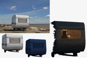 Workflow des Wohnwagens: Ausgangsfoto am Strand, Freisteller, Farblook und Innenlicht mit Silhouette.