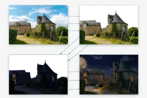 Schrittfolge vom Tagesfoto über Freisteller bis zur nächtlichen Farb- und Lichtstimmung am Gebäude.