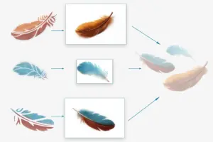 Collage zeigt den Weg vom ersten Feder-Entwurf über KI-Generierung (Gemini) bis zum fertigen Motiv – wiederkehrendes Element der Seite.