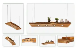 Freigestellte Holzbohlen-Lampe mit Rindenkante in verschiedenen Ansichten: Front, 45°, Unterseite, Aufhängung und Leuchtspots.
