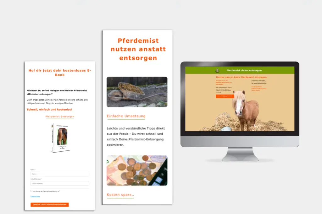 Landingpage-Layouts mit Opt-in-Formular und Leadmagnet, dargestellt auf Desktop und Smartphone
