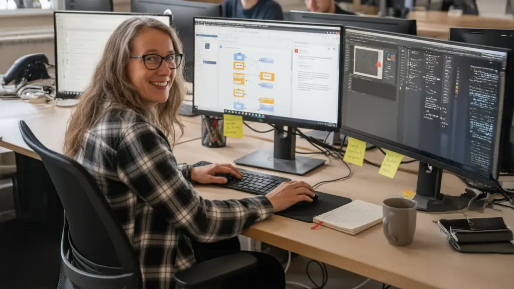 Susann Prüß arbeitet im Büro an zwei Monitoren: E-Mail-Automationen und Photoshop – Webdesign, Text und Bild.