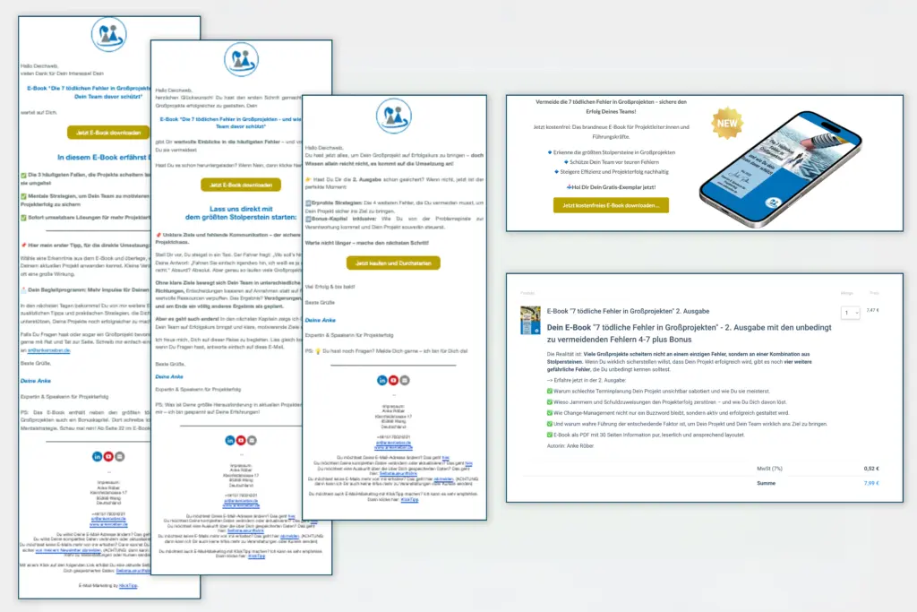 Übersicht mehrerer E-Mails, Banner und Produktseite als Teil des Funnels.