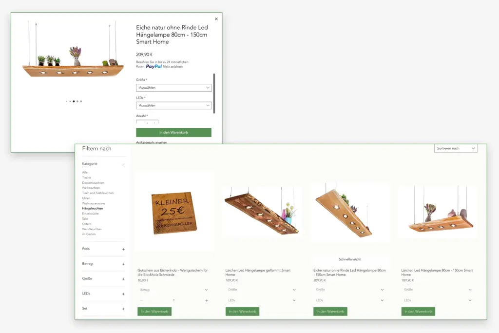 Produktseite und Kategorieseite mit freigestellten Holzlampen-Fotos im Blockholz-Schmiede-Onlineshop; klare Darstellung und schnelle Auswahl.