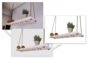 Vorher-Nachher-Ansicht: Holzlampe im Rohraum und anschließend sauber freigestellt für den E-Commerce von Blockholz Schmiede.