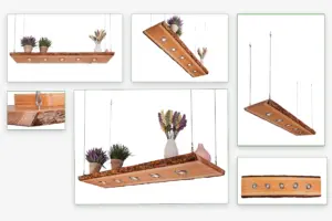 Freigestellte Holzbohlen-Hängeleuchte mit fünf Einbauspots; natürliche Rinde, Pflanzen-Deko – Produktfoto für den Onlineshop Blockholz Schmiede