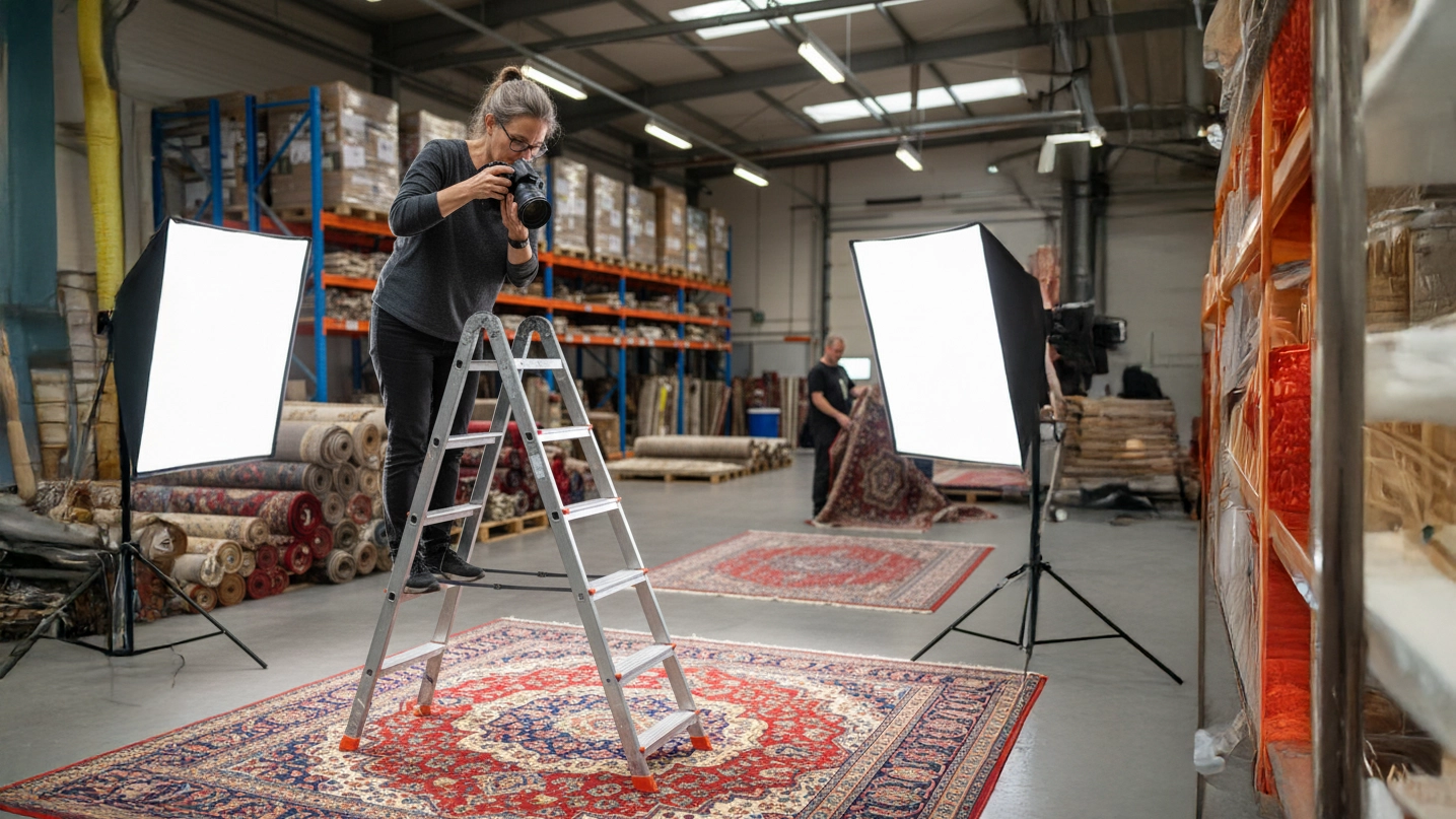 Susann Prüß fotografiert einen Teppich im Lager auf einer Leiter zwischen Softboxen – Produktfoto für Online und Print bei Teppich Kibek.
