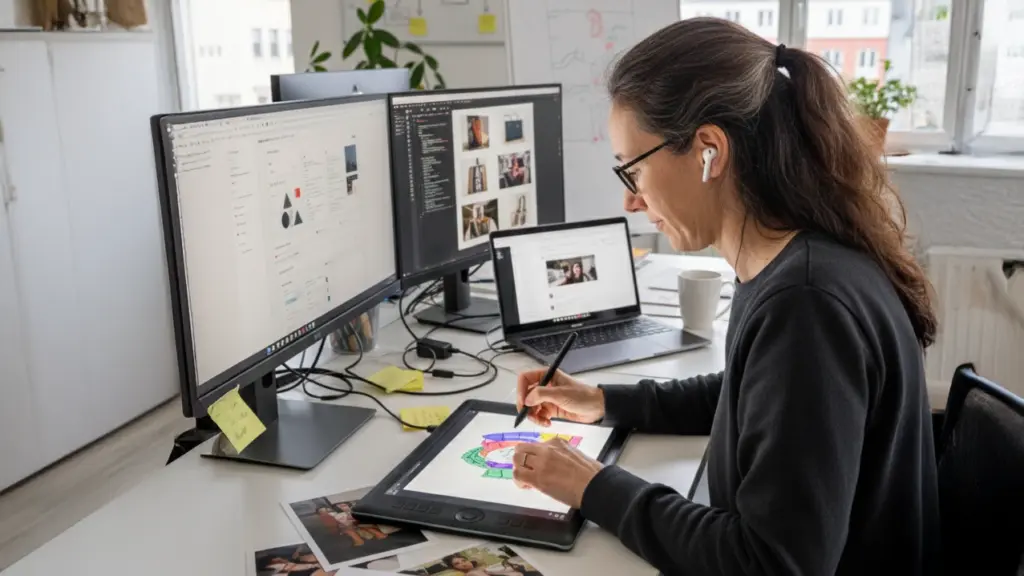 Susann Prüß zeichnet mit Pen-Tablet; daneben CMS- und Bildbearbeitungs-Screens – Ausbildung zur Mediengestalterin (IHK).