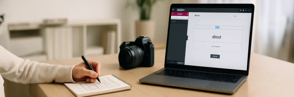 Hand skizziert Website-Wireframe im Notizbuch; daneben Laptop mit Elementor-Editor und Kamera auf dem Tisch.