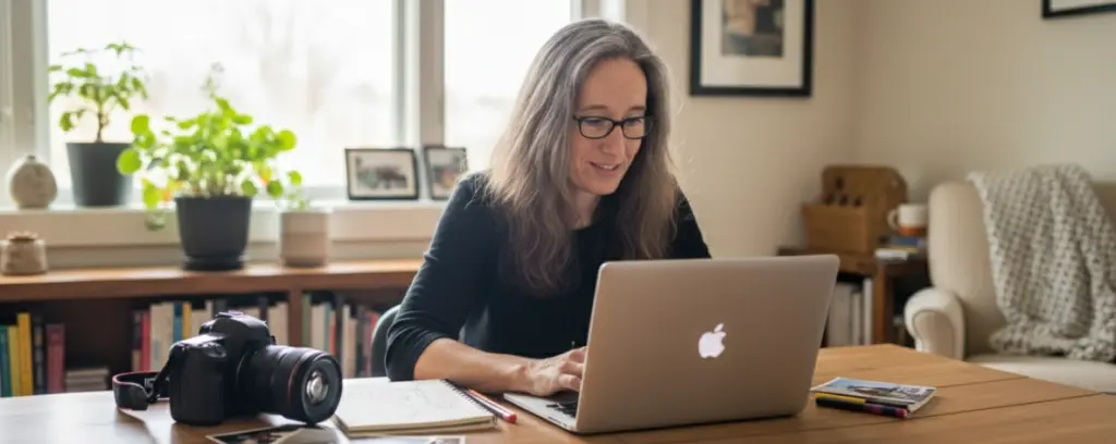 Susann Prüß arbeitet am Laptop; Kamera, Notizbuch und Bücherregal im Hintergrund.